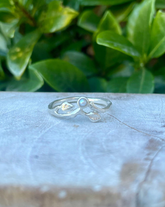 Leaf Ring with Seed Pearl or Opal - Sterling Silver - Made to Order - Kathy Sayce Jewellery