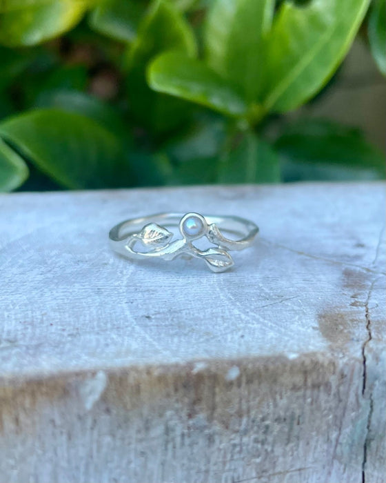 Leaf Ring with Seed Pearl - Sterling Silver - Kathy Sayce Jewellery