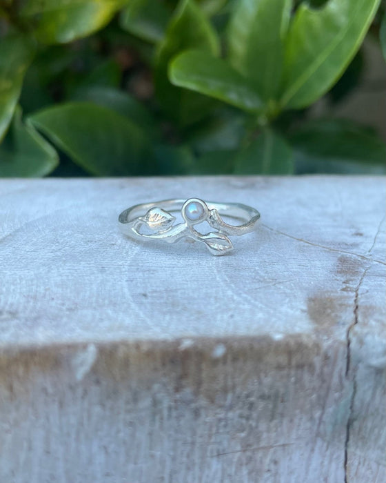 Leaf Ring with Seed Pearl - Sterling Silver - Kathy Sayce Jewellery
