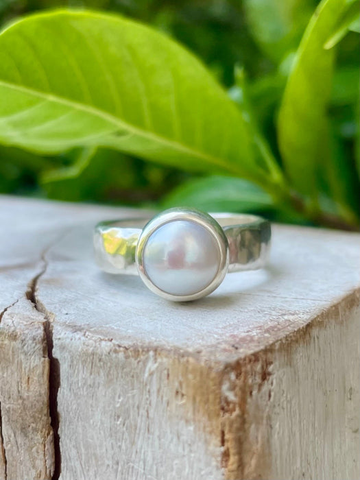Made to Order Freshwater Pearl Ring – Wide Hammered Sterling Silver Band - Kathy Sayce Jewellery