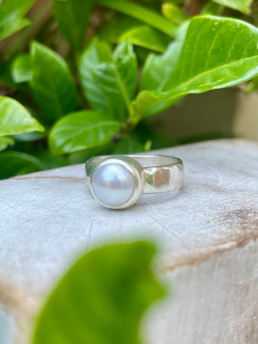 Made to Order Freshwater Pearl Ring – Wide Hammered Sterling Silver Band - Kathy Sayce Jewellery