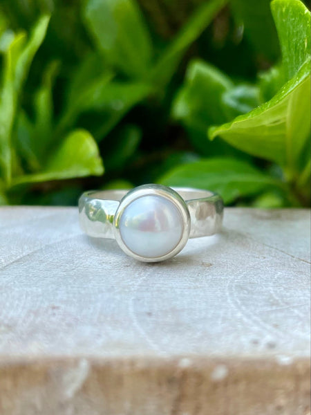 Made to Order Freshwater Pearl Ring – Wide Hammered Sterling Silver Band - Kathy Sayce Jewellery