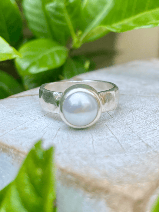 Made to Order Freshwater Pearl Ring – Wide Hammered Sterling Silver Band - Kathy Sayce Jewellery