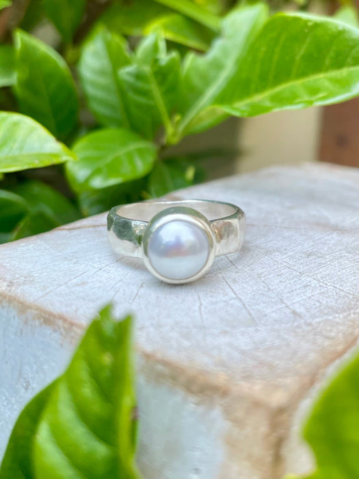 Made to Order Freshwater Pearl Ring – Wide Hammered Sterling Silver Band - Kathy Sayce Jewellery