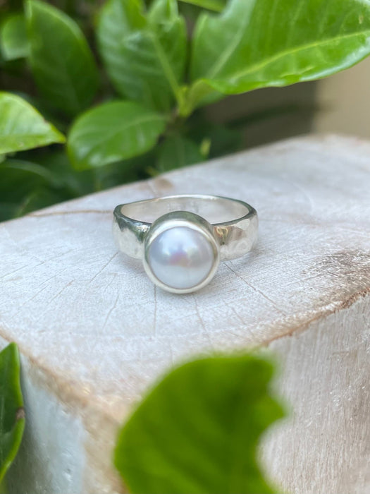 Made to Order Freshwater Pearl Ring – Wide Hammered Sterling Silver Band - Kathy Sayce Jewellery