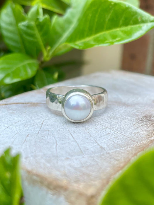Made to Order Freshwater Pearl Ring – Wide Hammered Sterling Silver Band - Kathy Sayce Jewellery