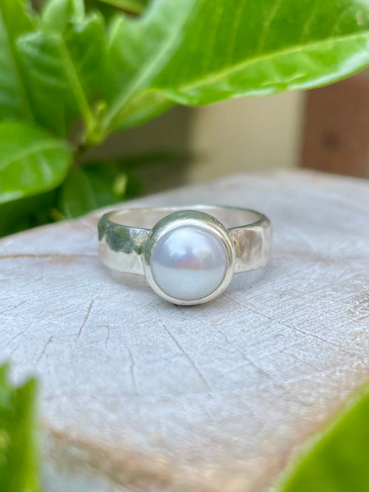 Made to Order Freshwater Pearl Ring – Wide Hammered Sterling Silver Band - Kathy Sayce Jewellery