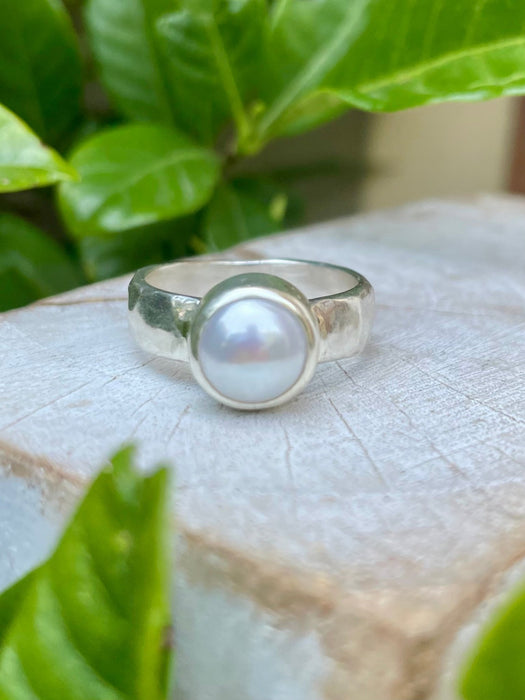 Made to Order Freshwater Pearl Ring – Wide Hammered Sterling Silver Band - Kathy Sayce Jewellery