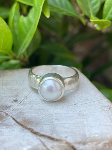 Made to Order Freshwater Pearl Ring – Wide Hammered Sterling Silver Band - Kathy Sayce Jewellery