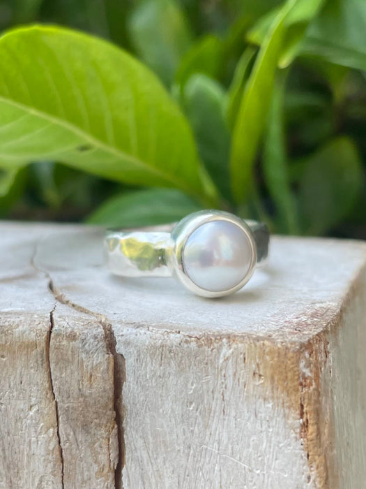 Made to Order Freshwater Pearl Ring – Wide Hammered Sterling Silver Band - Kathy Sayce Jewellery
