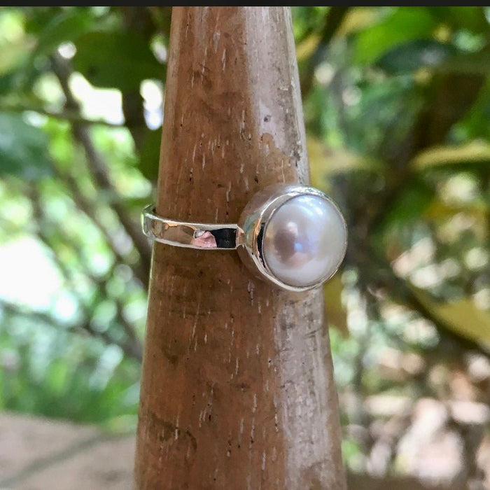 Made to Order Freshwater Pearl Ring with Hammered Band - Kathy Sayce Jewellery