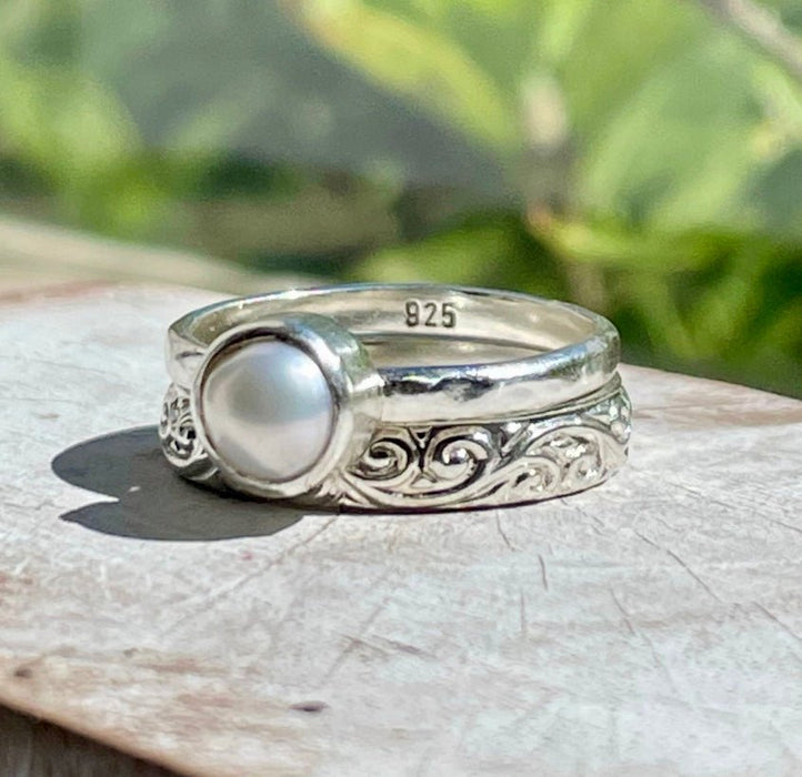 Made to Order Freshwater Pearl Ring with Hammered Band - Kathy Sayce Jewellery