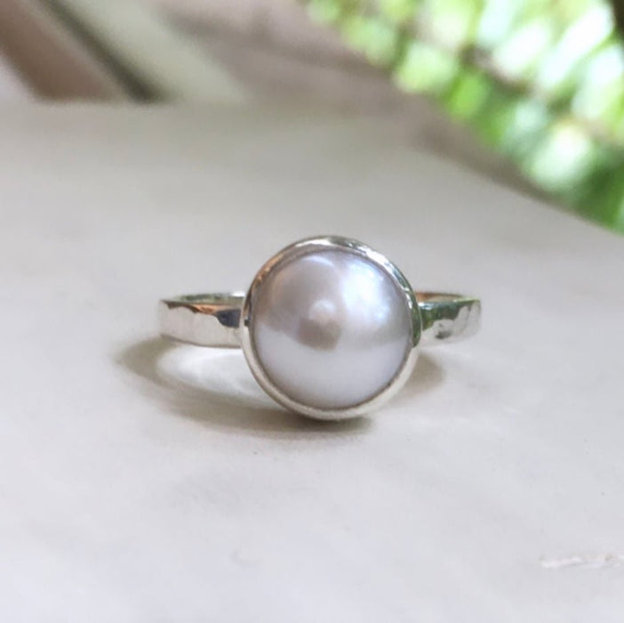 Made to Order Freshwater Pearl Ring with Hammered Band - Kathy Sayce Jewellery