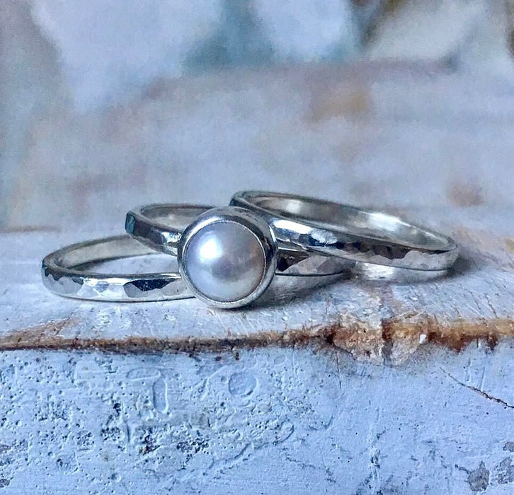Made to Order Freshwater Pearl Ring with Hammered Band - Kathy Sayce Jewellery