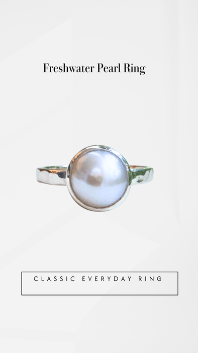 Made to Order Freshwater Pearl Ring with Hammered Band - Kathy Sayce Jewellery