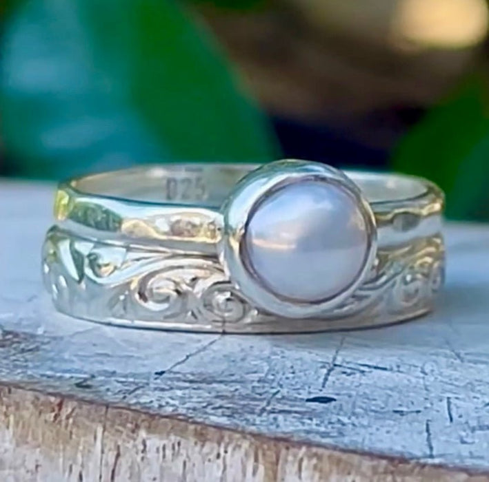 Made to Order Freshwater Pearl Ring with Hammered Band - Kathy Sayce Jewellery