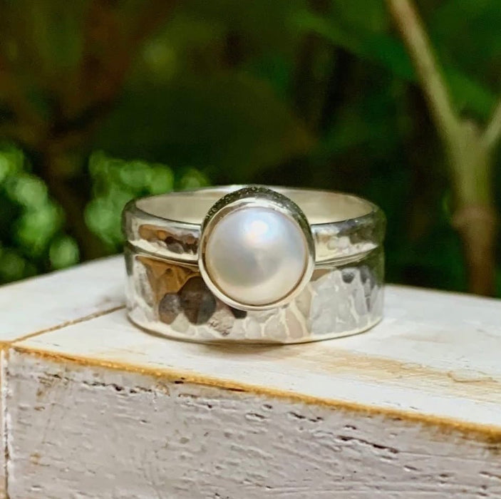 Made to Order Freshwater Pearl Ring with Hammered Band - Kathy Sayce Jewellery