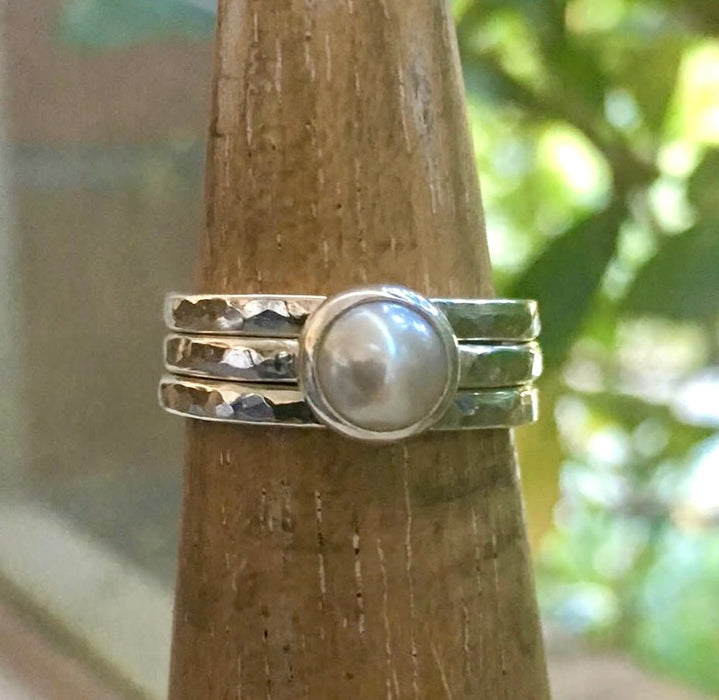 Made to Order Freshwater Pearl Ring with Hammered Band - Kathy Sayce Jewellery