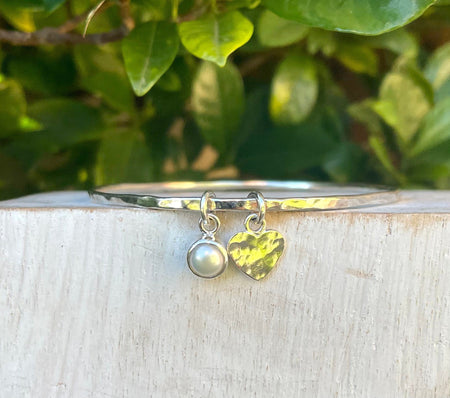 Made to Order Gemstone Heart Charm Bangle - Choice of Gemstone - Sterling Silver Jewellery - Kathy Sayce Jewellery