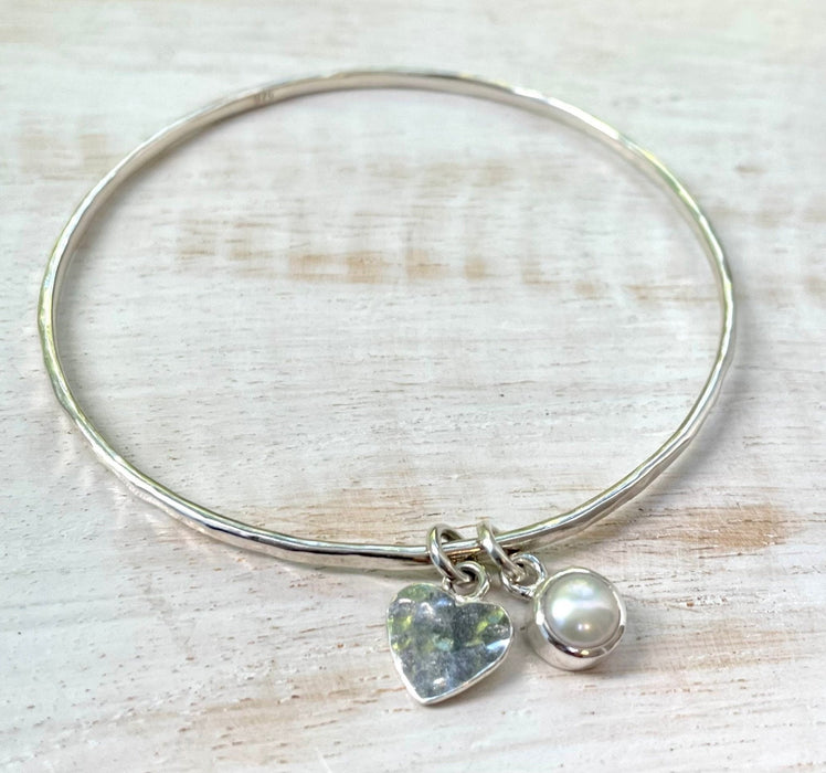 Made to Order Gemstone Heart Charm Bangle - Choice of Gemstone - Sterling Silver Jewellery - Kathy Sayce Jewellery