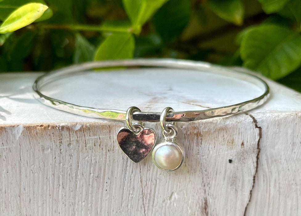 Made to Order Gemstone Heart Charm Bangle - Choice of Gemstone - Sterling Silver Jewellery - Kathy Sayce Jewellery