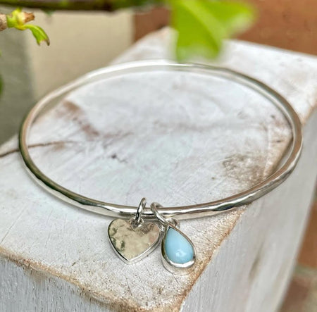 Made to Order Gemstone Heart Charm Bangle - Choice of Gemstone - Sterling Silver Jewellery - Kathy Sayce Jewellery