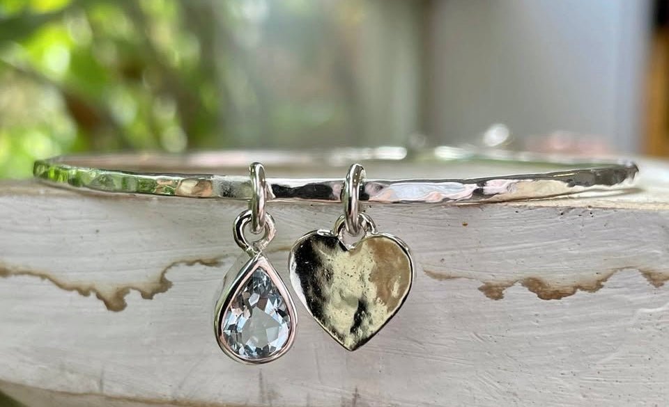 Made to Order Gemstone Heart Charm Bangle - Choice of Gemstone - Sterling Silver Jewellery - Kathy Sayce Jewellery