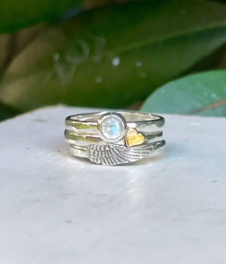 Made to Order - ‘Hearts and Angels’ Moonstone Stacking Ring | Sterling Silver Band - Kathy Sayce Jewellery