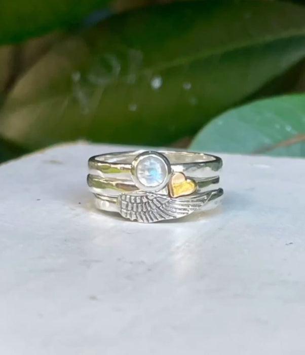 Made to Order - ‘Hearts and Angels’ Moonstone Stacking Ring | Sterling Silver Band - Kathy Sayce Jewellery