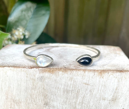 Made to Order Yin and Yang Cuff – Black Onyx and Moonstone in Sterling Silver - Kathy Sayce Jewellery