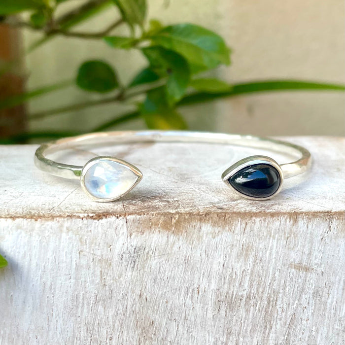 Made to Order Yin and Yang Cuff – Black Onyx and Moonstone in Sterling Silver - Kathy Sayce Jewellery
