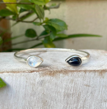 Made to Order Yin and Yang Cuff – Black Onyx and Moonstone in Sterling Silver - Kathy Sayce Jewellery