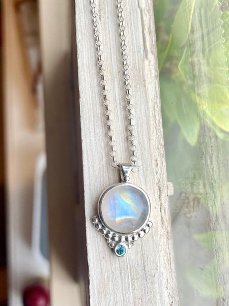 Moonstone and Blue Topaz Pendant - 45cm Sterling Silver Rolo Chain - Kathy Sayce Jewellery