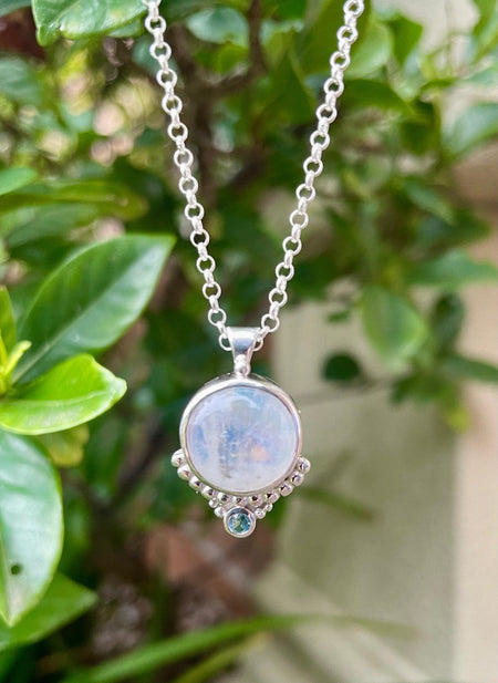 Moonstone and Blue Topaz Pendant - 45cm Sterling Silver Rolo Chain - Kathy Sayce Jewellery