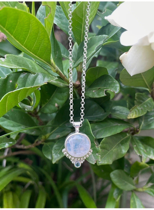 Moonstone and Blue Topaz Pendant - 45cm Sterling Silver Rolo Chain - Kathy Sayce Jewellery