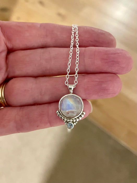 Moonstone and Blue Topaz Pendant - 45cm Sterling Silver Rolo Chain - Kathy Sayce Jewellery
