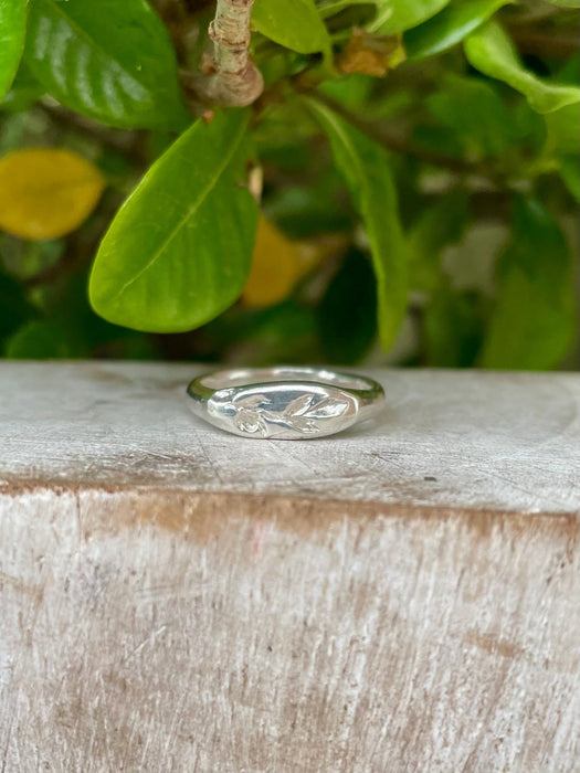 Nature Inpired Signet Ring - Leaf and Rose Sterling Silver Signet Ring - Kathy Sayce Jewellery