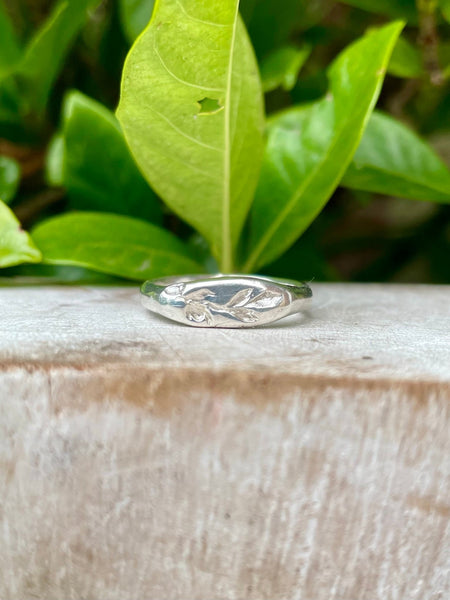 Nature Inpired Signet Ring - Leaf and Rose Sterling Silver Signet Ring - Kathy Sayce Jewellery