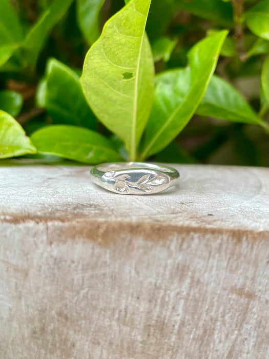 Nature Inpired Signet Ring - Leaf and Rose Sterling Silver Signet Ring - Kathy Sayce Jewellery