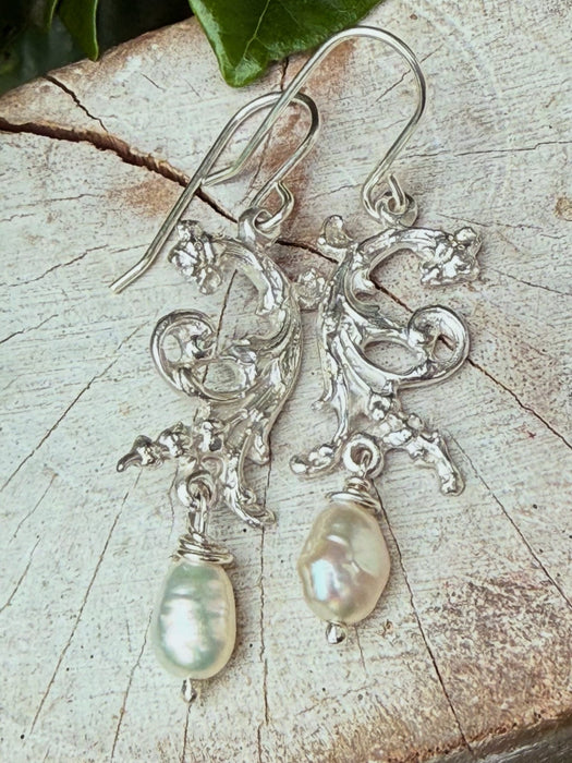 Ornate Dangle Earrings with Baroque Pearls - Sterling Silver - Kathy Sayce Jewellery