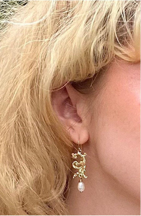 Ornate Dangle Earrings with Baroque Pearls - Sterling Silver - Kathy Sayce Jewellery