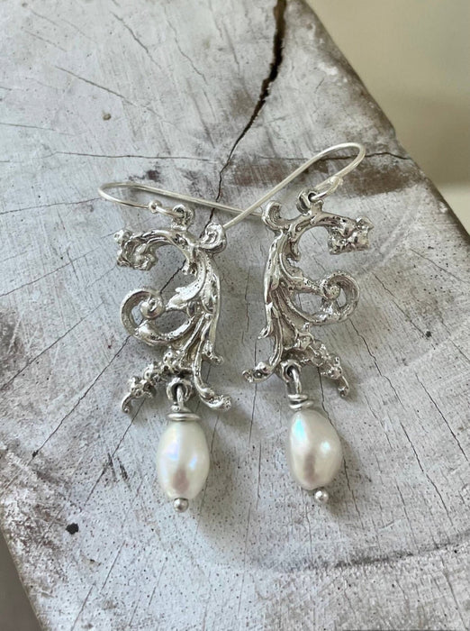 Ornate Dangle Earrings with Baroque Pearls - Sterling Silver - Kathy Sayce Jewellery