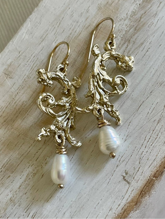 Ornate Dangle Earrings with Baroque Pearls - Sterling Silver - Kathy Sayce Jewellery