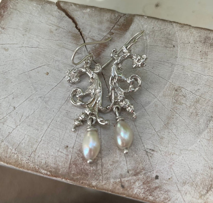 Ornate Dangle Earrings with Baroque Pearls - Sterling Silver - Kathy Sayce Jewellery