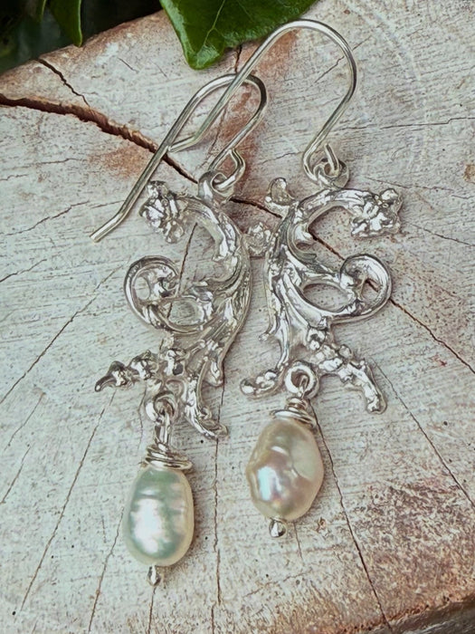 Ornate Dangle Earrings with Baroque Pearls - Sterling Silver - Kathy Sayce Jewellery