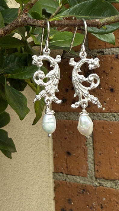 Ornate Dangle Earrings with Baroque Pearls - Sterling Silver - Kathy Sayce Jewellery