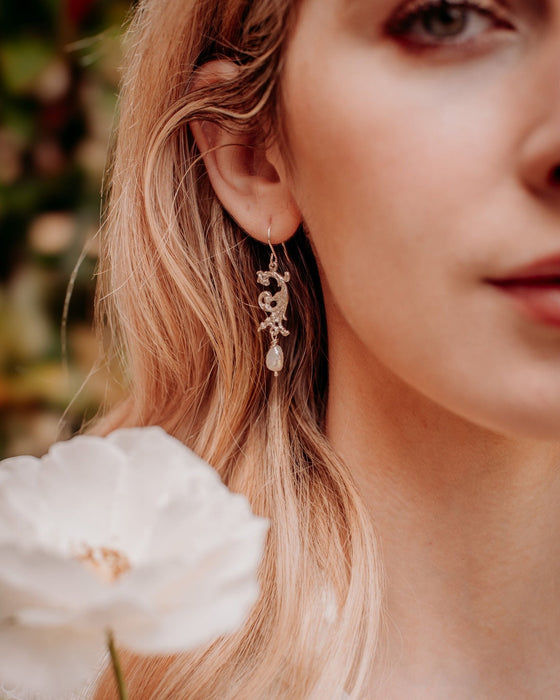 Ornate Dangle Earrings with Baroque Pearls - Sterling Silver - Kathy Sayce Jewellery