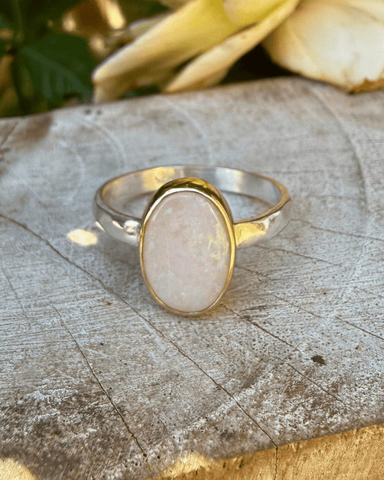 Oval Australian Opal Ring with Sterling Silver & 9ct Gold - Kathy Sayce Jewellery