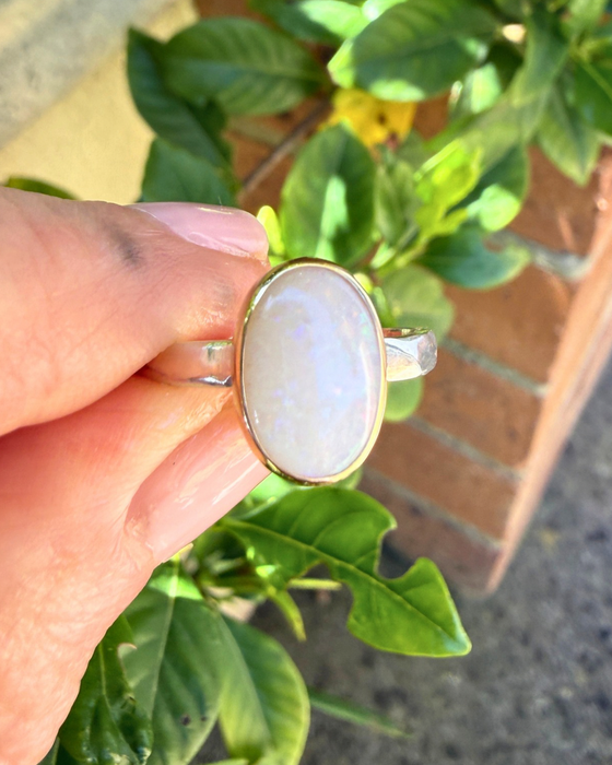Oval Australian Opal Ring with Sterling Silver & 9ct Gold - Kathy Sayce Jewellery
