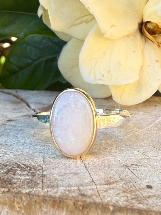 Oval Australian Opal Ring with Sterling Silver & 9ct Gold - Kathy Sayce Jewellery